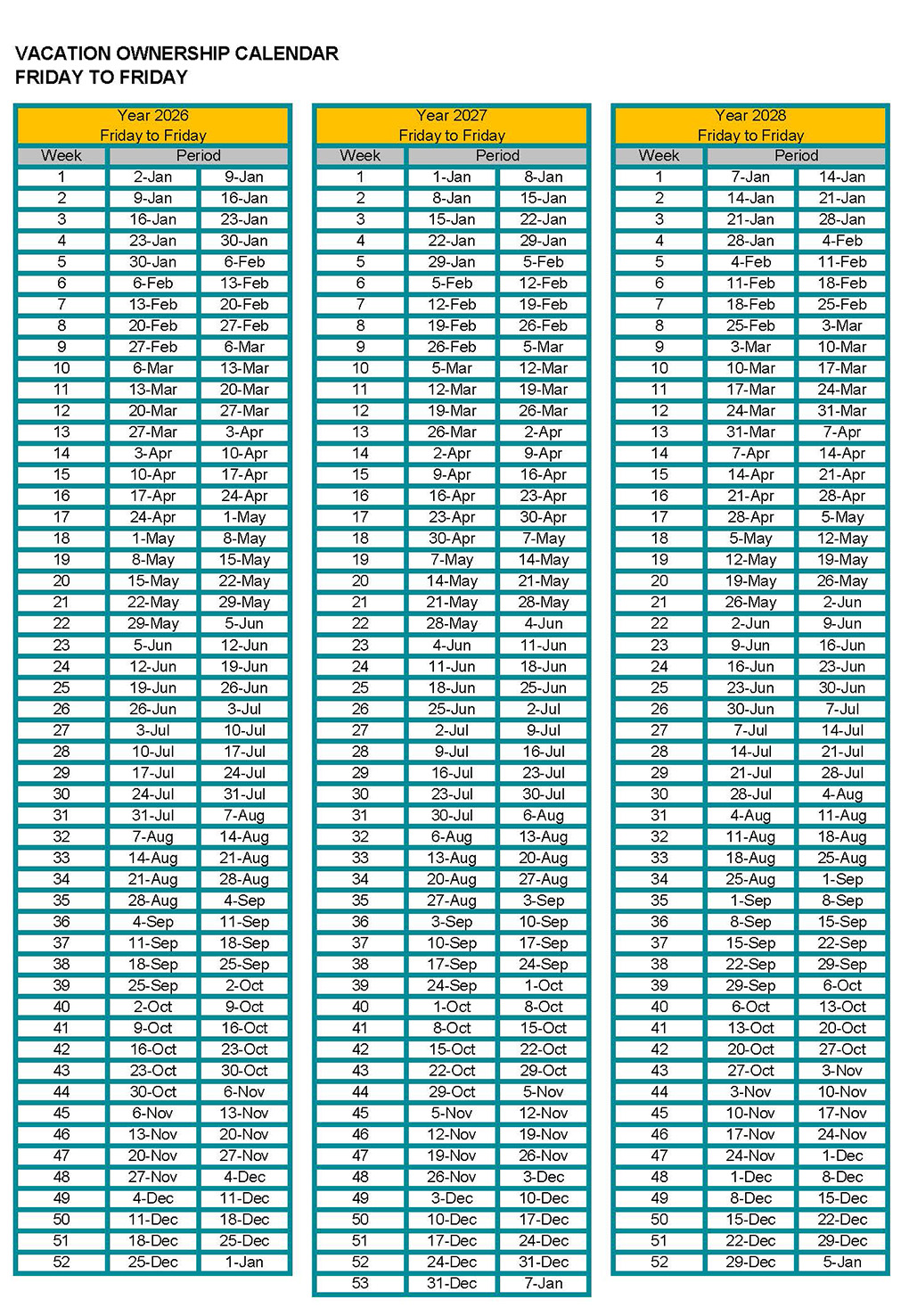 Friday to Friday Calendar